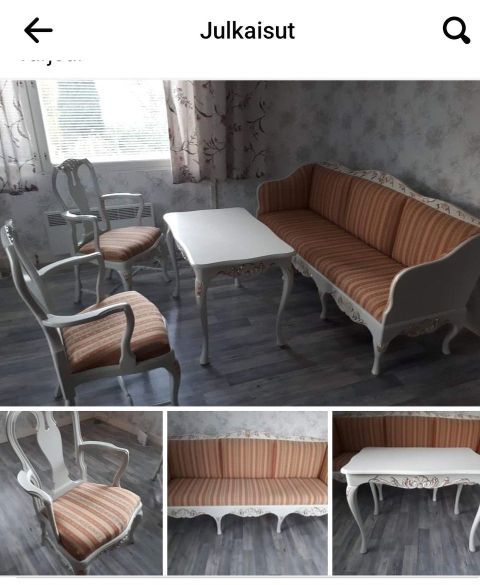 Talonpoikaisrokoota sohva  pöytä ja 2 tuolia
