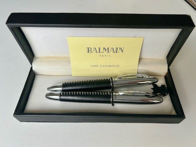 Brand new Balmain Paris Set of 2 Chrome/Leather Rollerball pens