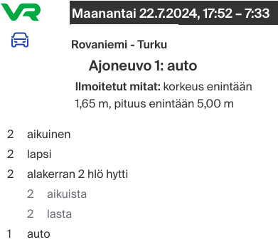 Auto + 4hlö, Rovanniemi - Turku 22.7.2024