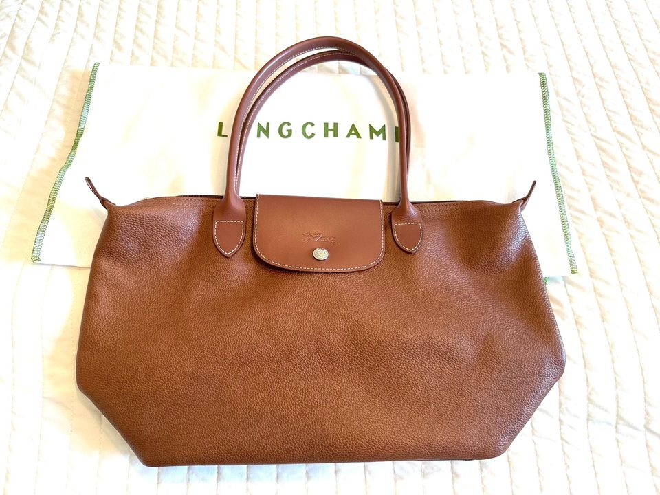 Longchamp Pliage Tote nahkalaukku cognac