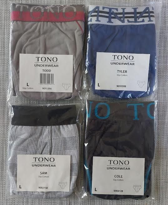 Miesten uudet L -koon alushousut 4 kpl setti, paketeissaan. Merkki Tono.