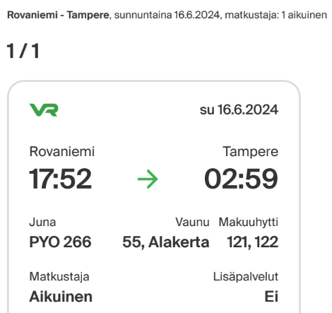 Yöjuna, Rovaniemi–Tampere 16.6.