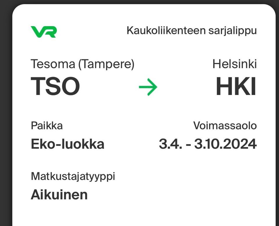 Junalippuja Tesoma - Helsinki