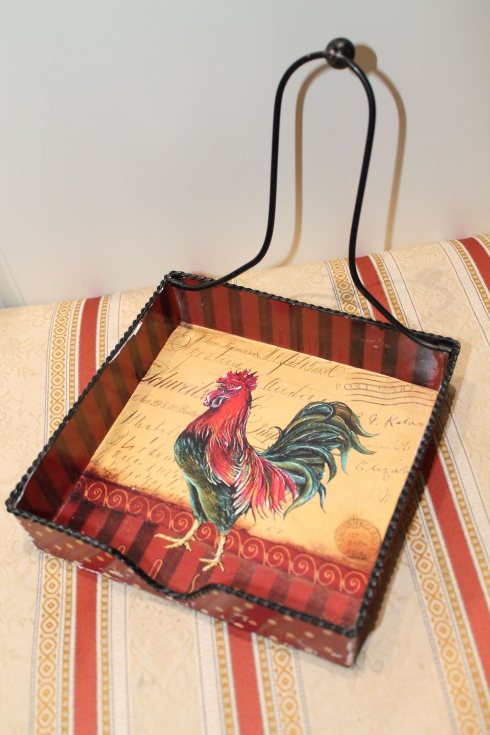 Vanha metallinen Rooster lautasliina teline 18cm kukko laatikko
