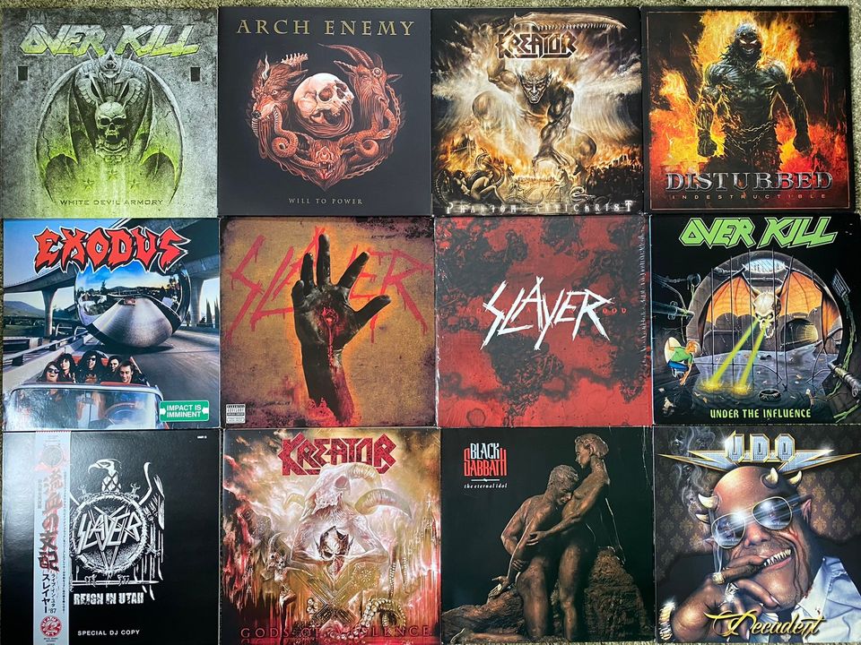 Slayer, Kreator, Exodus, Overkill, U.D.O, Disturbed, Black Sabbath ym vinyyliä.