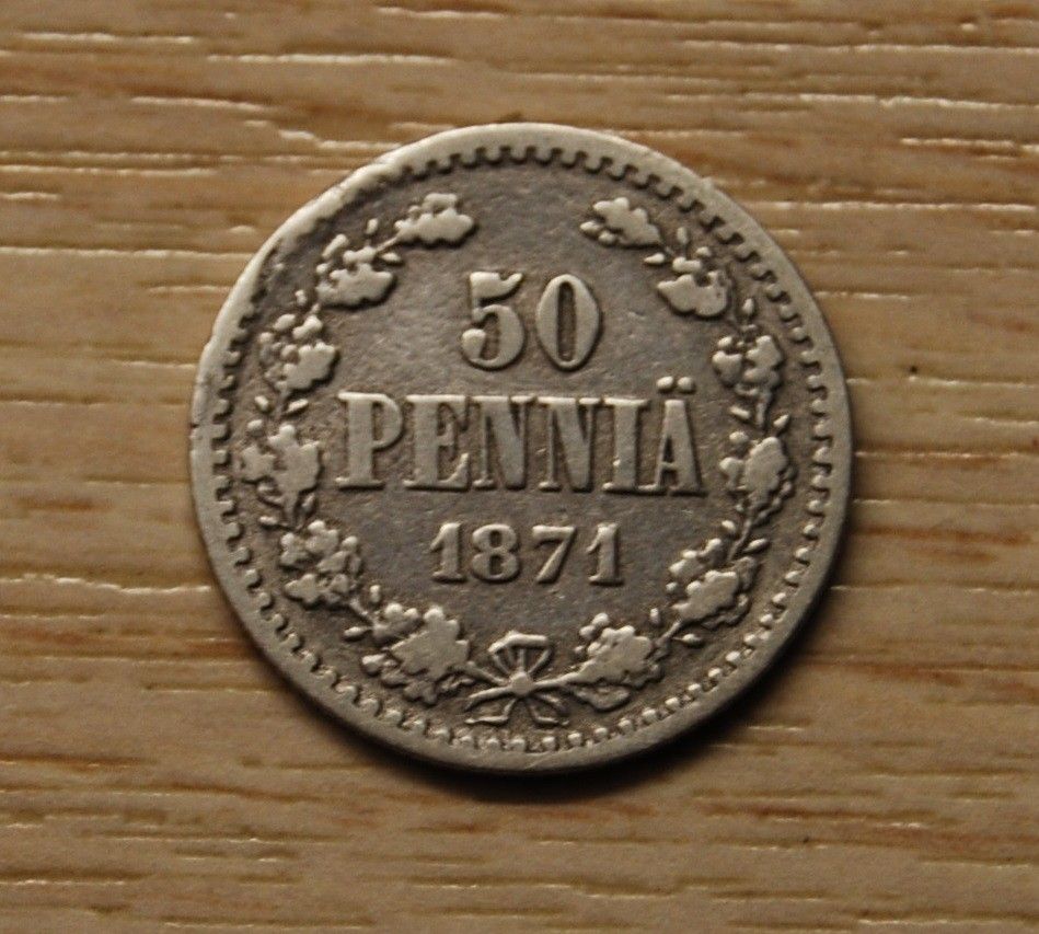 50 penniä 1871 Hopea Aleksanteri II Suuriruhtinaskunta