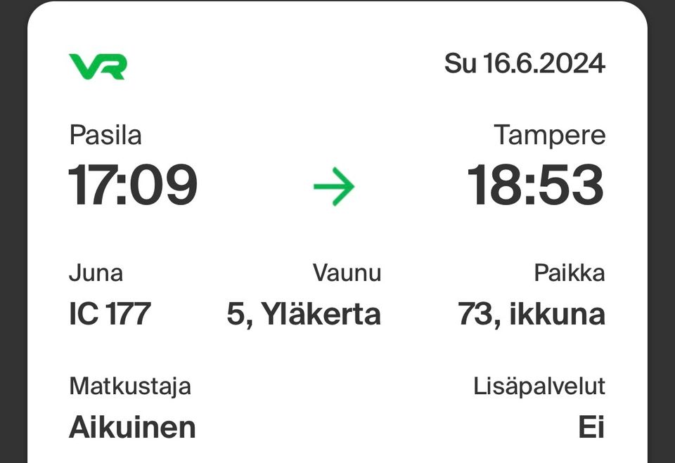 Junalippu Pasila-Tampere su 16.6