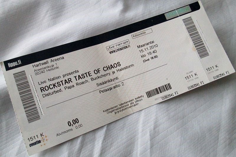 Taste Of Chaos konserttilippu vuodelta 2010, memorabilia