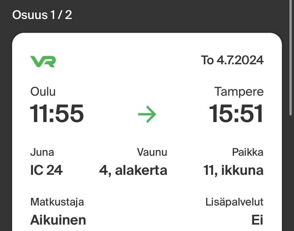 Junalippu Oulu-Turku 4.7