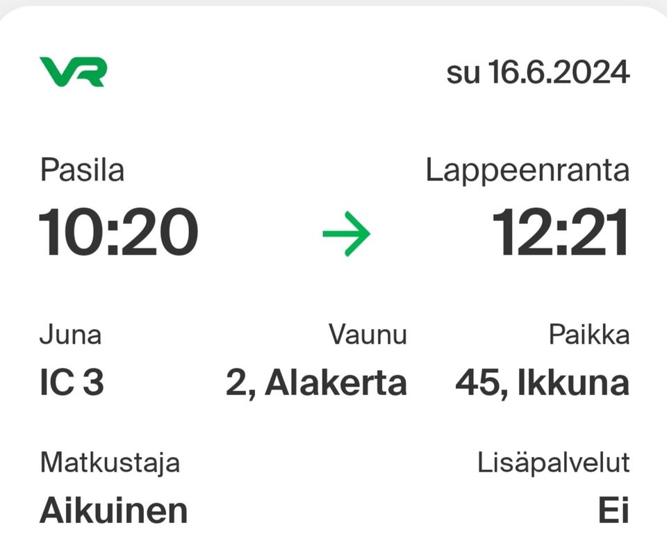 Junalippu Pasila - Lappeenranta