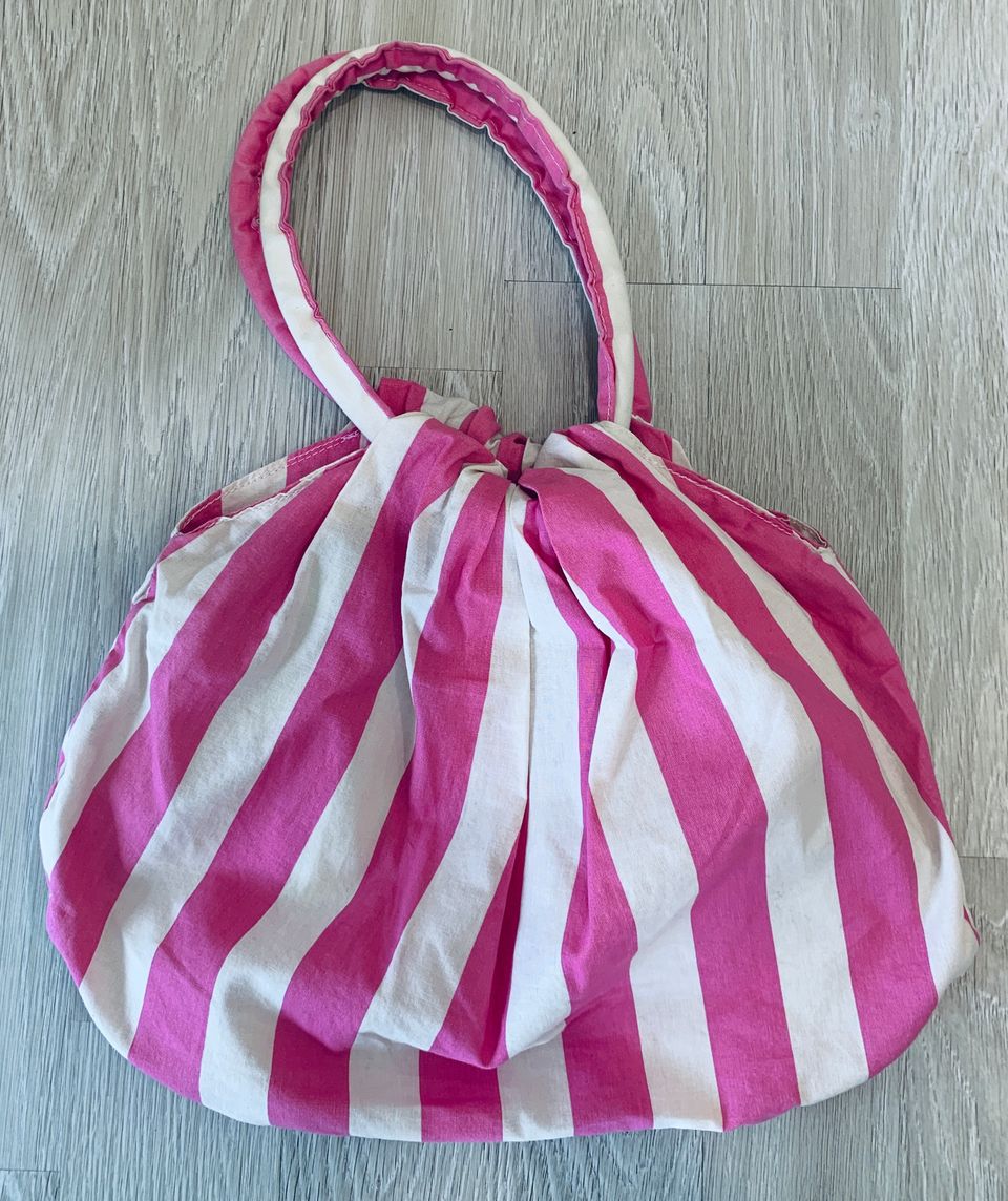 Marimekko: pinkki/valkea raidallinen vintage-puuvillalaukku