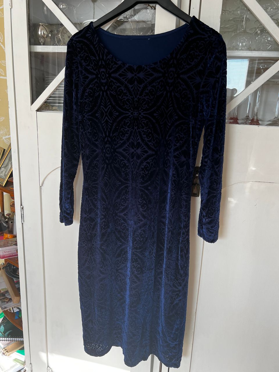 Sininen samettikuvuoitu mekko