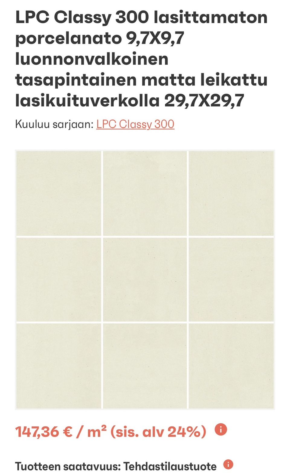 Laattapisteen laatta luonnonvalkoinen koossa 9,7x9,7