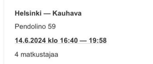 Hki-Kauhava junaliput 4 kpl pe 14.6. klo 16.40