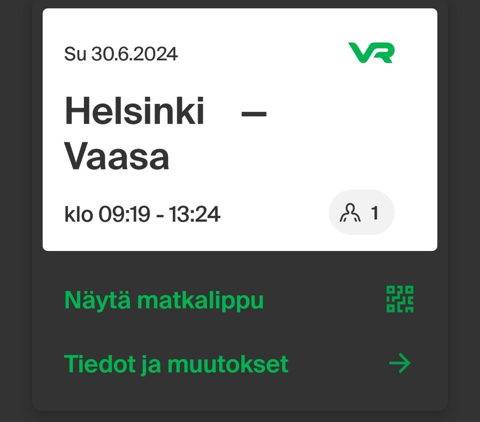 Helsinki-Vaasa junalippu su 30.6.