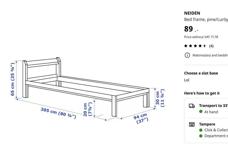 IKEA NEIDEN Sängynrunko ja sälepohja IKEA NEIDEN bed frame and slatted base