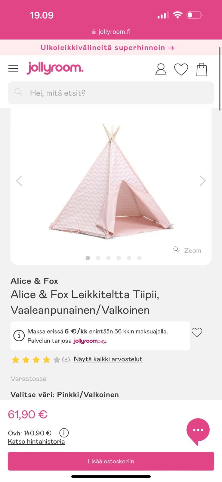 Alice & Fox Leikkiteltta Tiipii, Vaaleanpunainen/Valkoinen