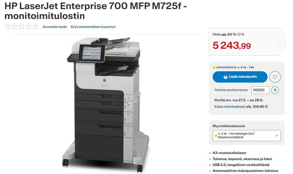 HP MFP M725 A3 / A4 laser tulostin ja skanneri