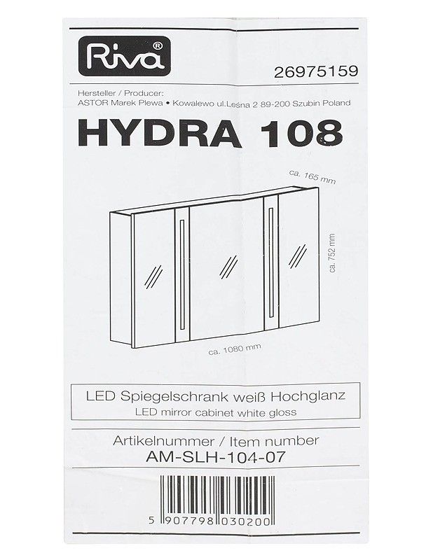 RIVA Hydra LED 108 cm peilikaappi