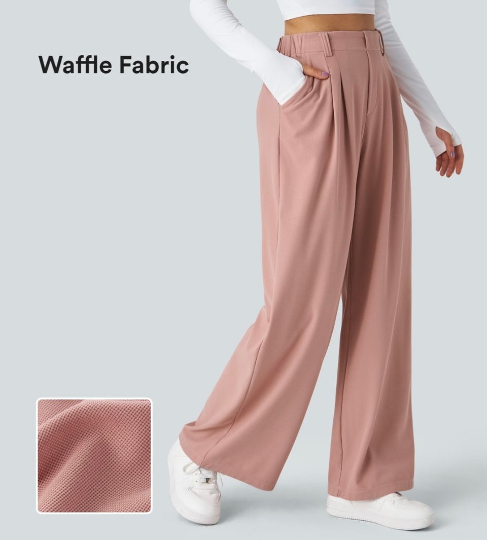 HALARA High Waisted Plicated Side Pocket Wide Leg Waffle Work Pants