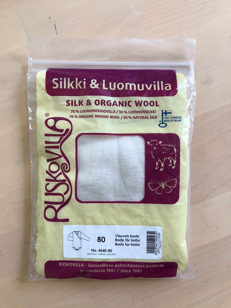 Ruskovilla silkkivilla body koko 80