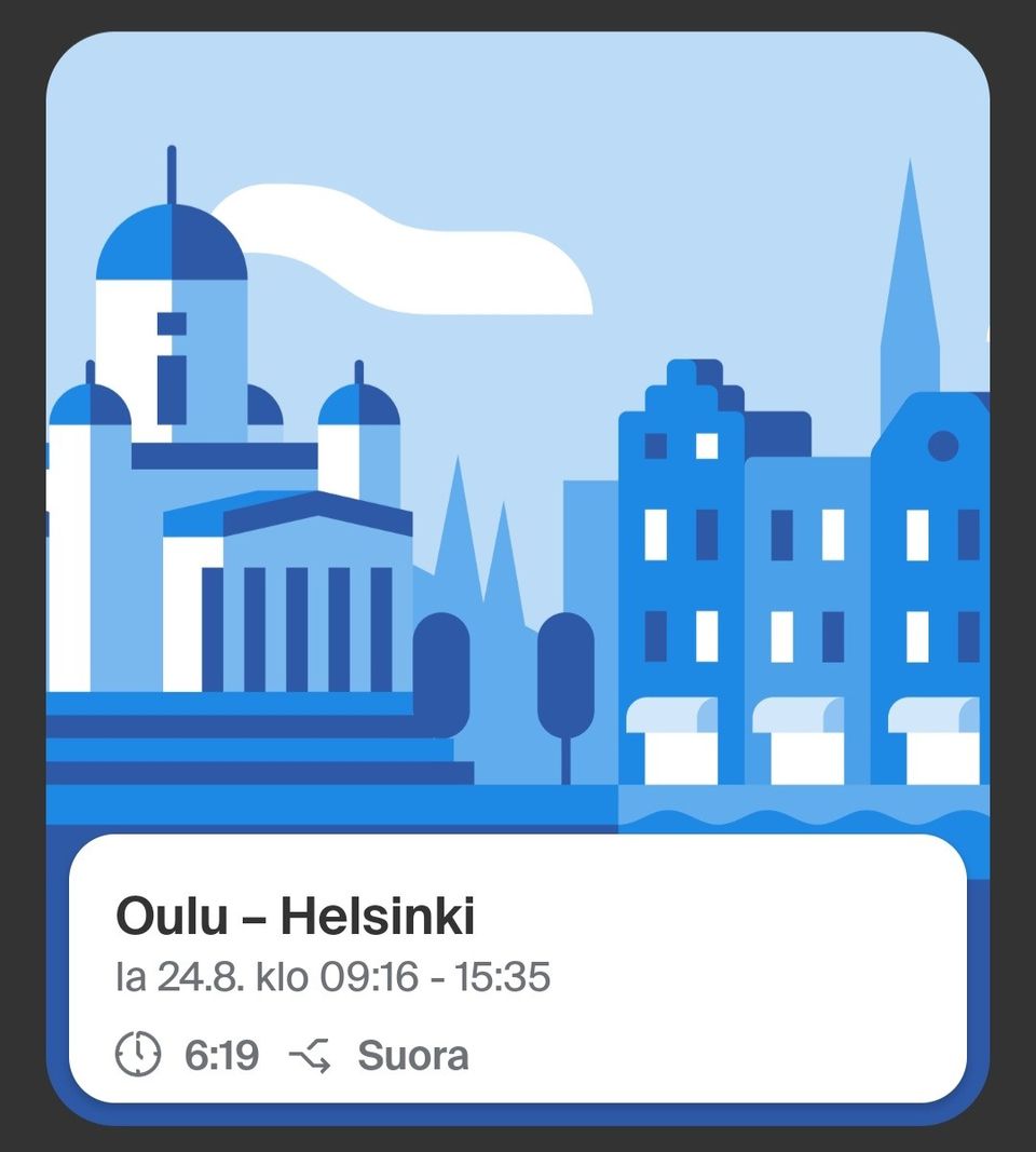 24.8 Oulu - Helsinki meno-paluu 2 hengelle
