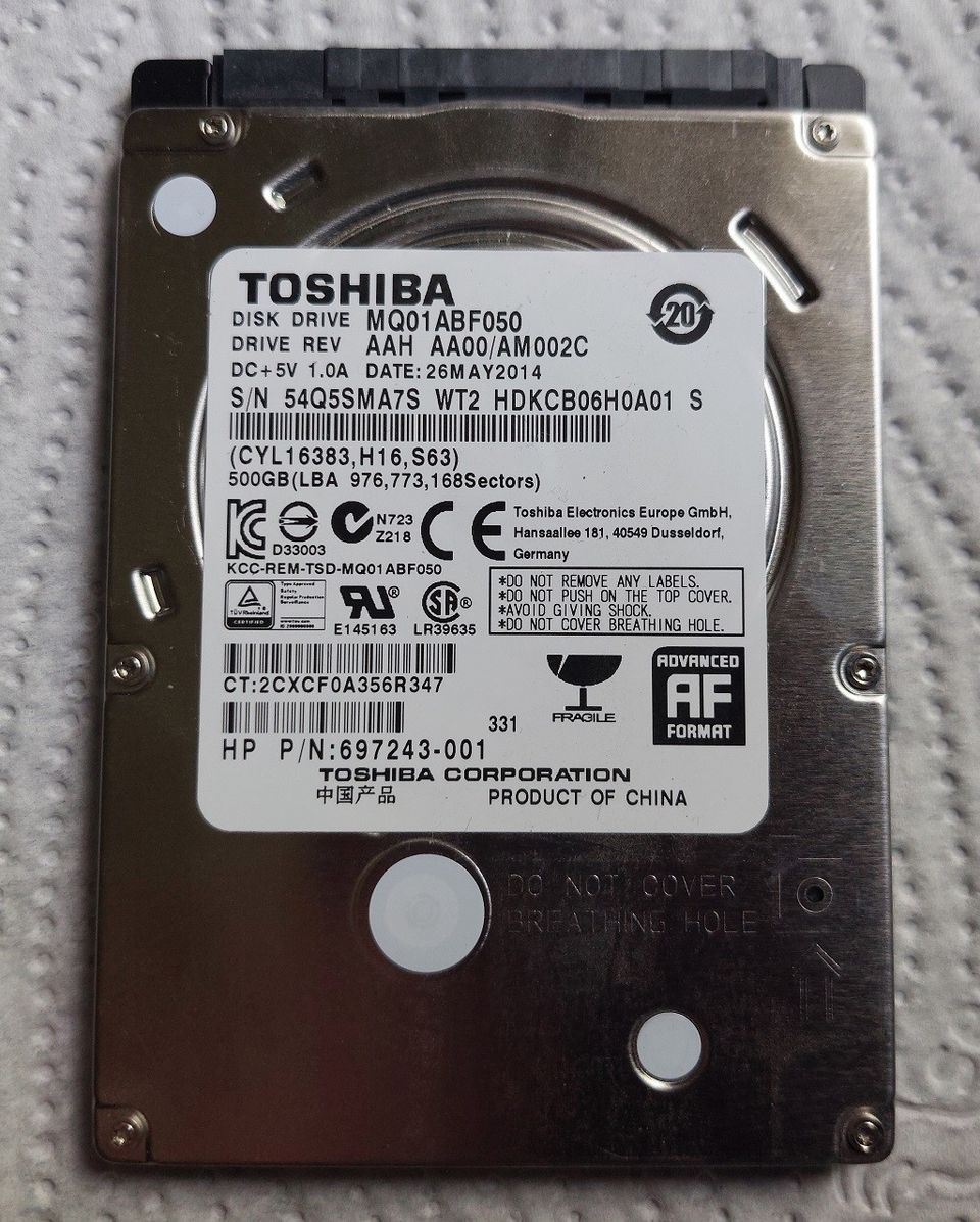2.5" Toshiba 500Gb SATA kannettavan kiintolevy