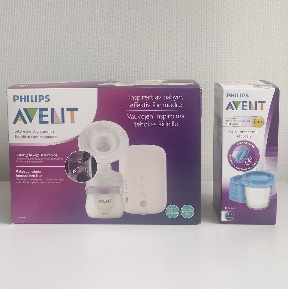 Philips Avent sähkökäyttöinen rintapumppu + 5 rintamaidon säilytyspurkkia