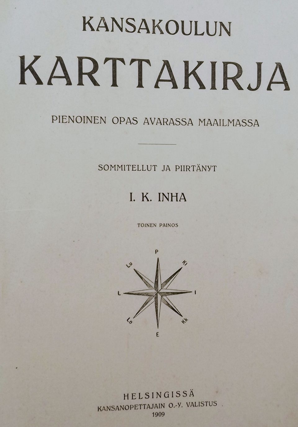 I.K.Inha: Kansakoulun karttakirja 1909 ja marmorikuvioitu vanhanaikainen albumi