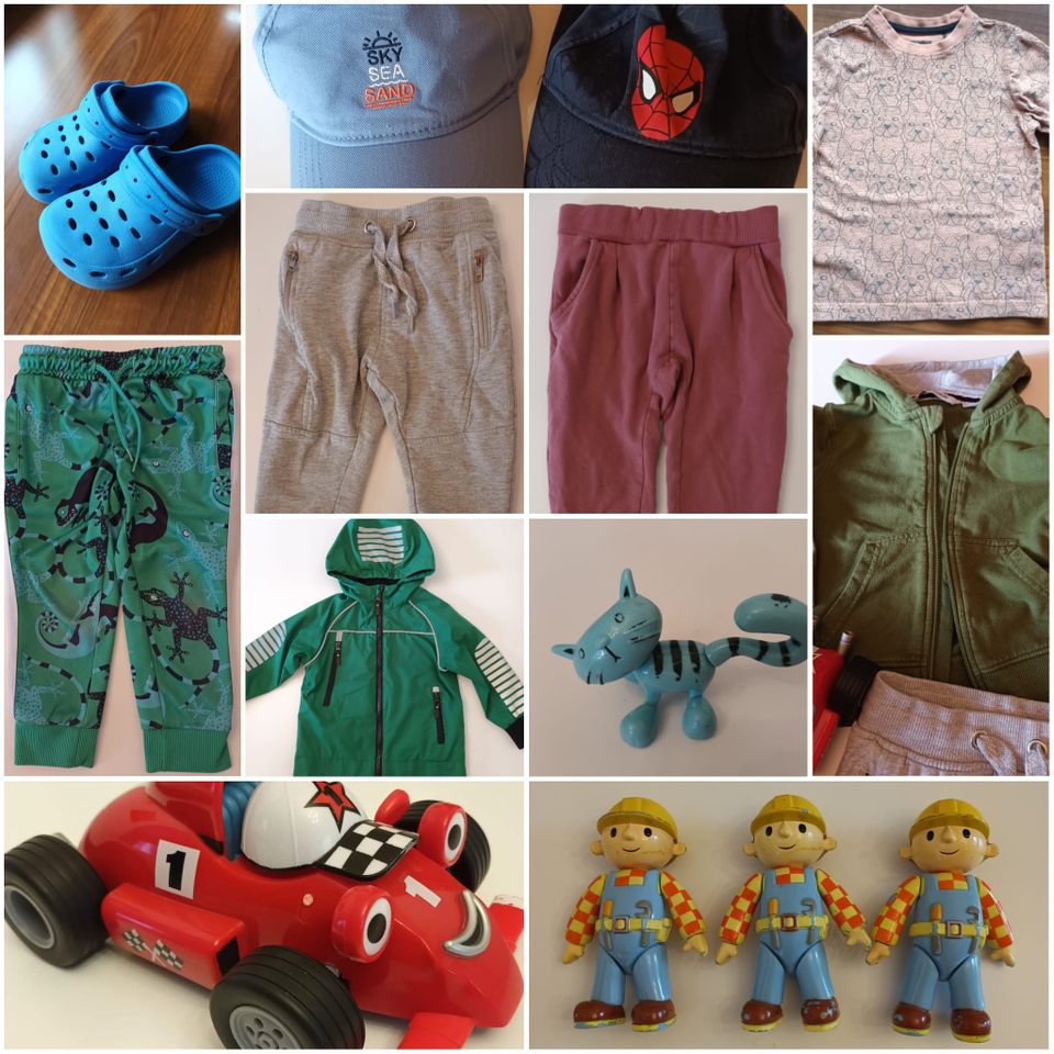 Vaatetta, lippikset, kengät ja leluja (86-92)