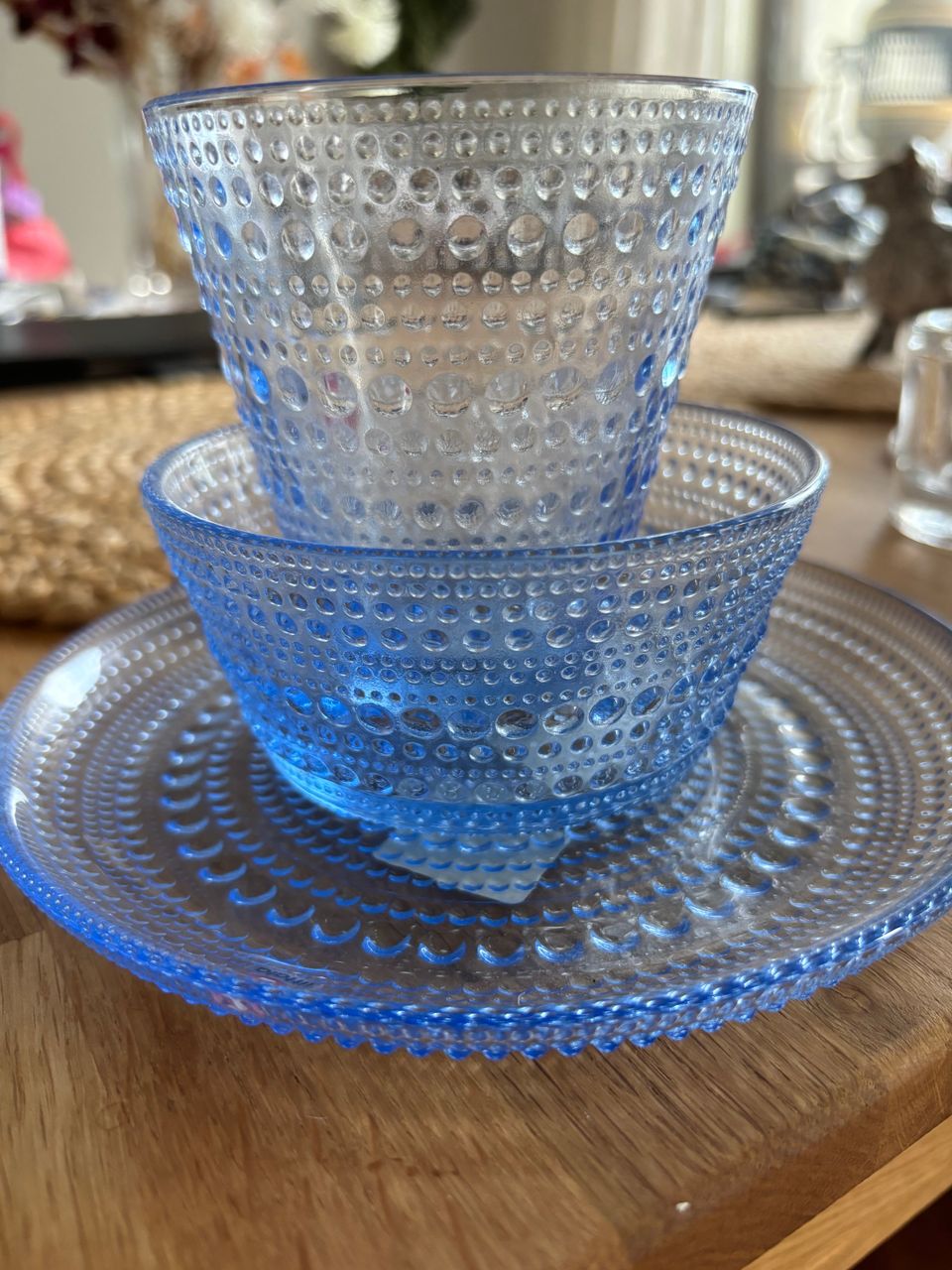 Iittala kastehelmi vedensininen juomalasi,kulho ja lautanen