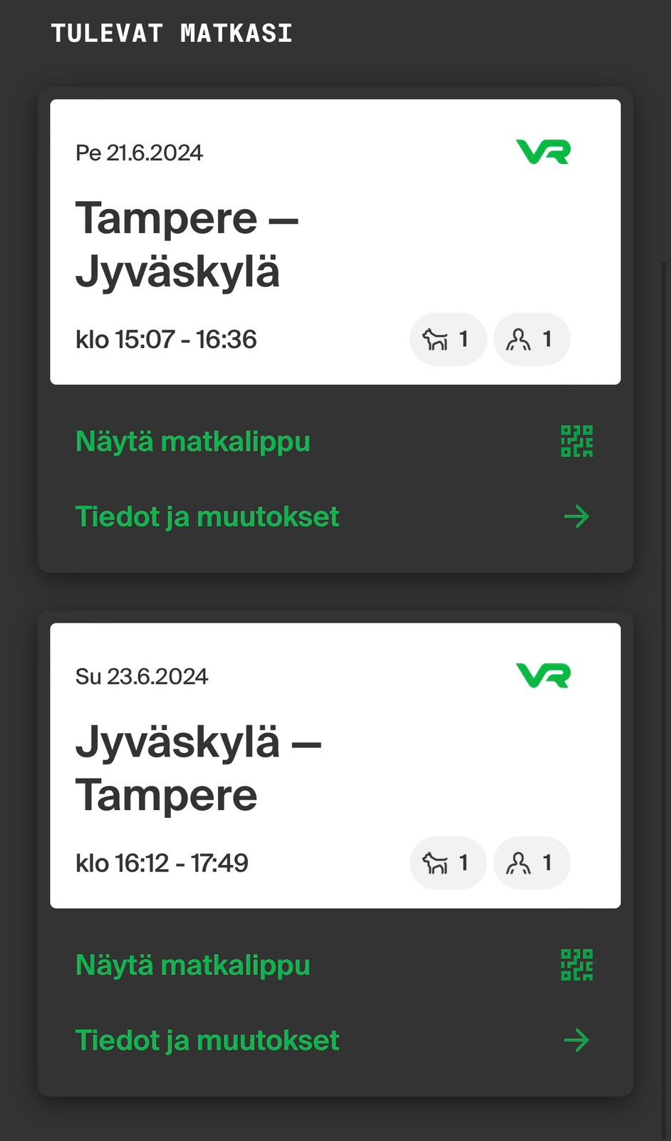 Tampere-Jyväskylä ja Jyväskylä-Tampere junaliput