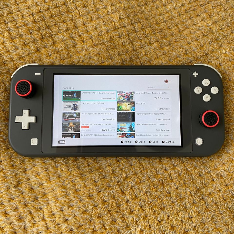 Nintendo Switch Lite, muistikortti ja latausjohto