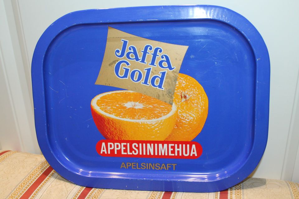 Suomi limonadi Jaffa Gold 31cm 70-luku peltinen tarjotin peltitarjotin vintage