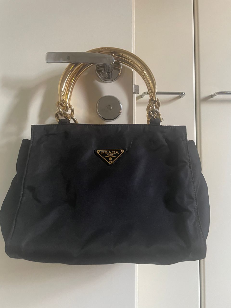 Prada Vintage Black Tessuto Nylon Gold Handle Bag