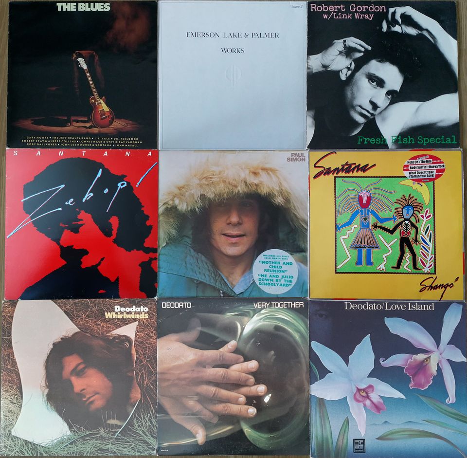 LP-levyjä Paul Simon, ELP, Santana ym