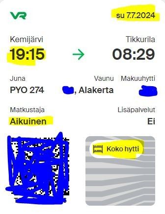 Yöjunalippu Kemijärvi-Tikkurila 7.7.2024, koko makuuhytti vaihto/peruustusoikeus