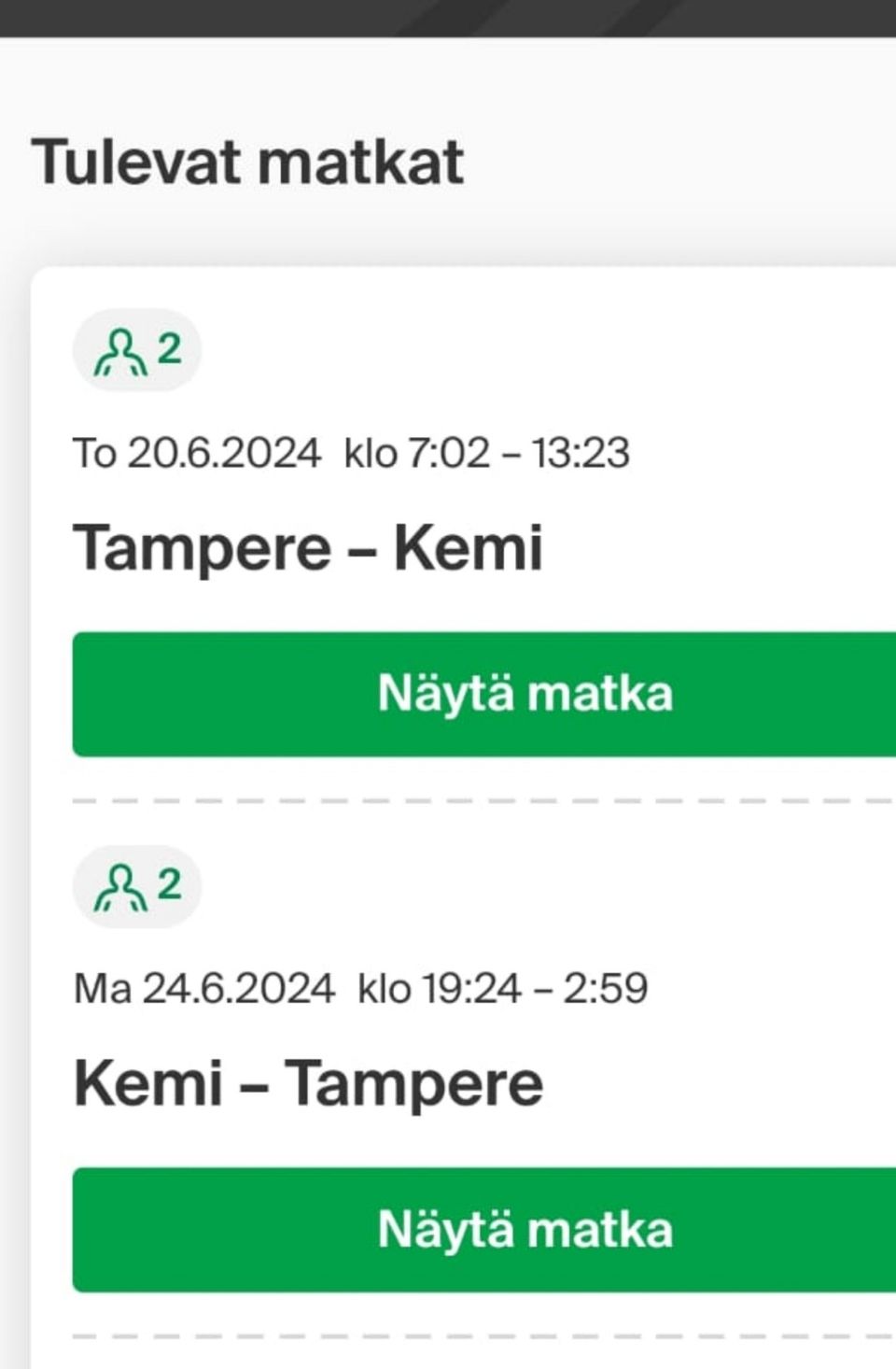Junaliput 2 matkustajaa Tampere - Kemi 20.6 ja paluu Kemi - Tampere 24.6