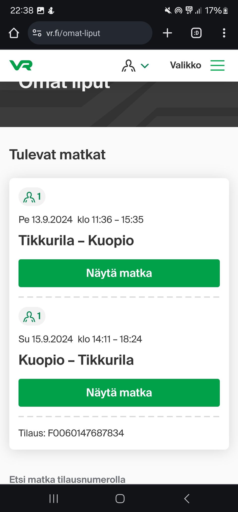 Tikkurila - Kuopio - Tikkurila junaliput