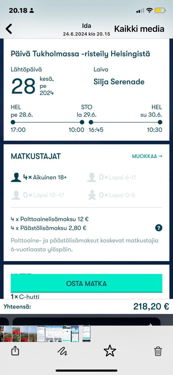 Risteily Ruotsiin 28.6-30.6.  4hlö hytti. C-luokka. 2 henkilöä.