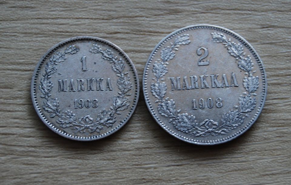 1 ja 2 Markka 1908 Hopeaa, Suomi