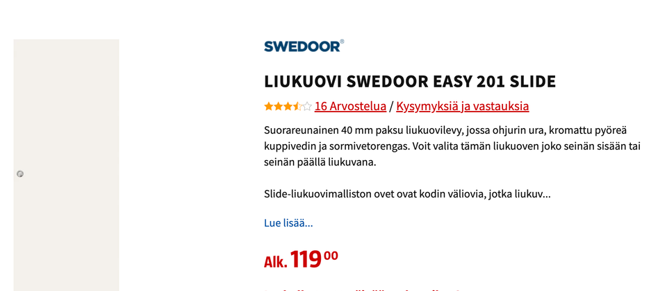 SWEDOOR Easy 201 liukuovet ja kiskot kiinnitykseen