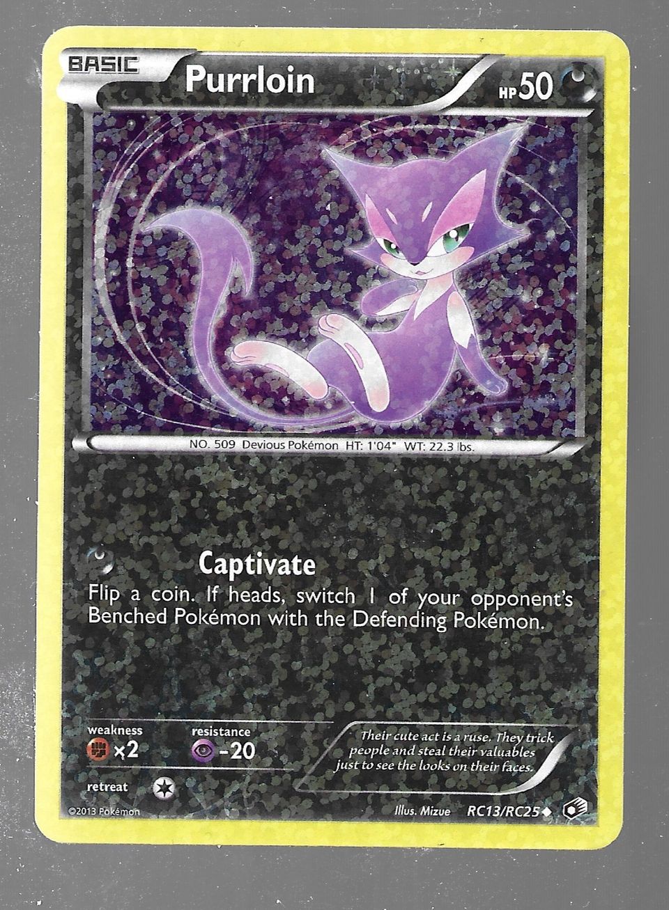 Purrloin Pokemon Card, RC13/RC25, Holo,2013. sis postin.