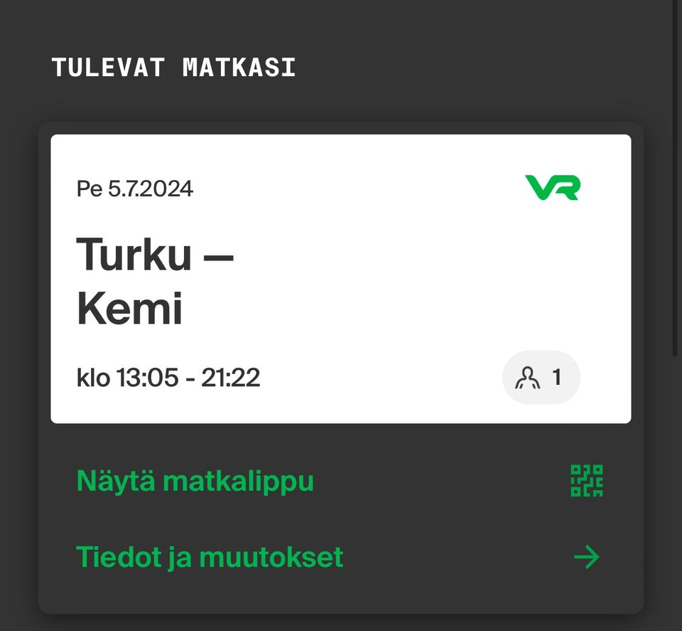 Junalippu Turku-Kemi 5.7.2024