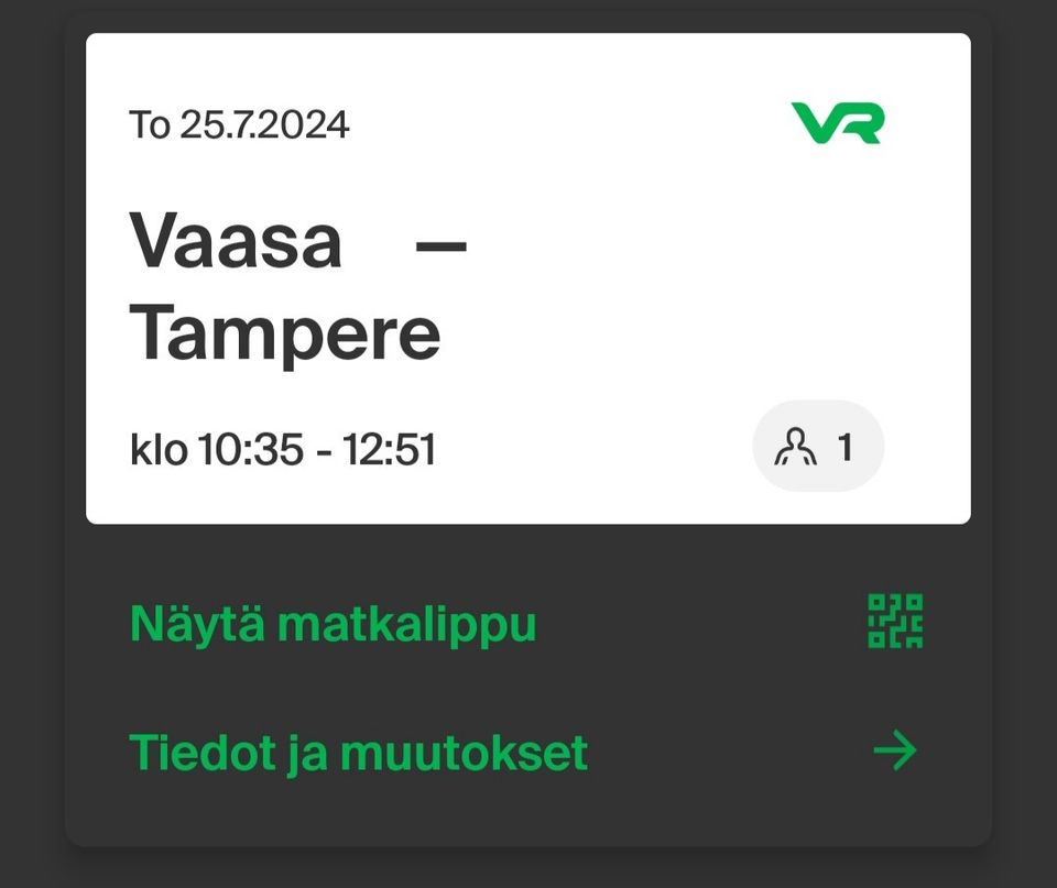 Junalippu Vaasa Tampere 25.7.