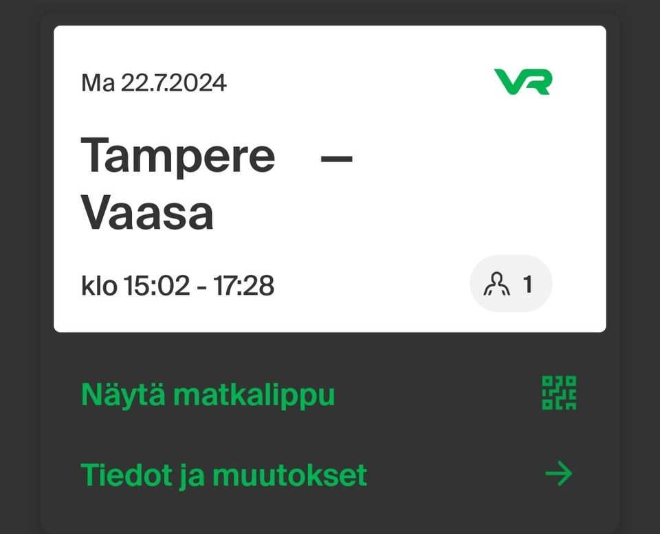 Junalippu Tampere Vaasa 22.7.