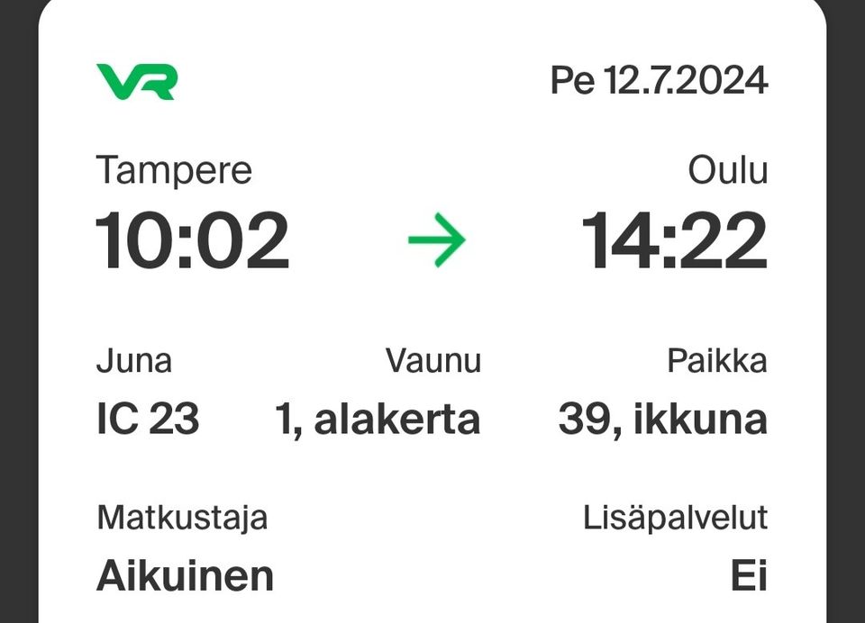 Junaliput pe 12.7. Tampere-Oulu ja su 14.7. Oulu-Tampere. Lähtöpäivää muutettu!