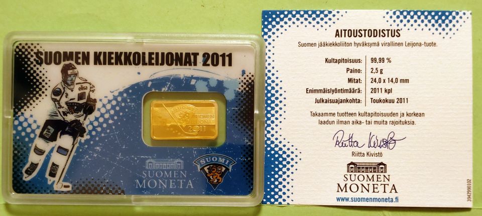 Suomen kiekkoleijonat 2011, kulta laatta 2,5 g (9999).