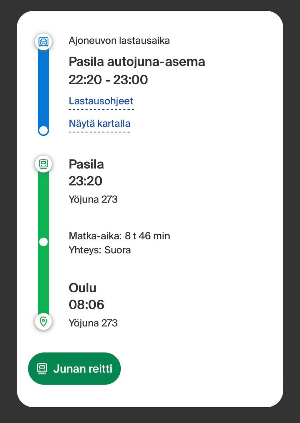 Junaliput Pasila-Oulu autojunaan