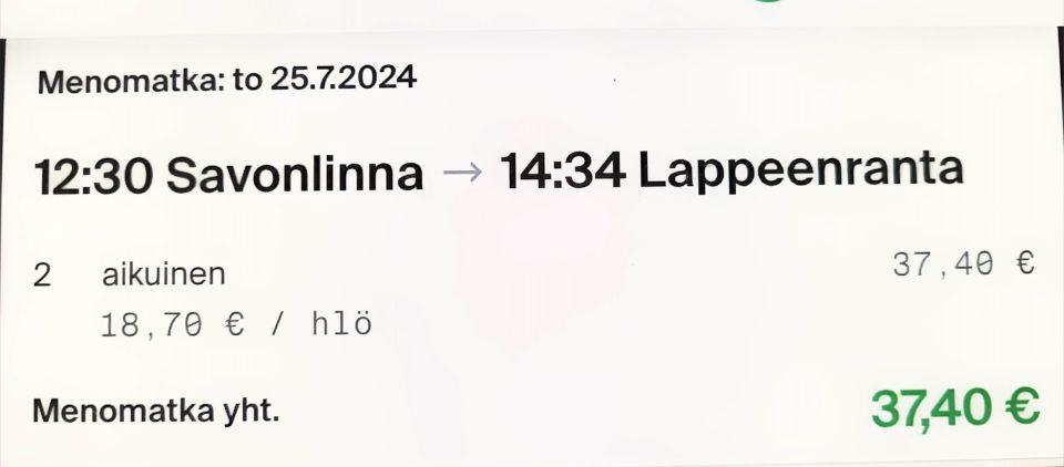 Junalippu (2 kpl) 25.07.2024 Savonlinna-Parikkala-Lappeenranta